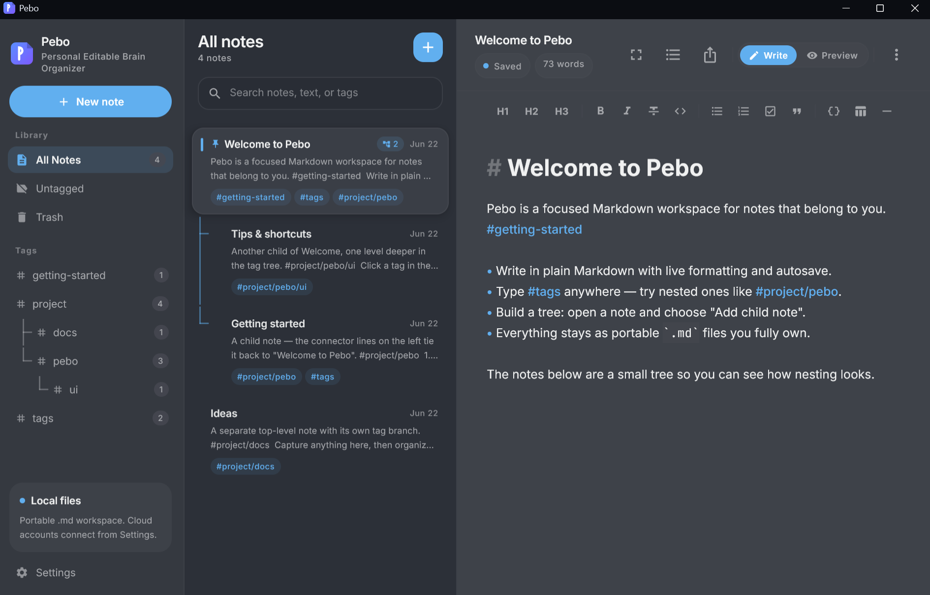 Pebo's three‑pane workspace in dark theme: sidebar with a nested tag tree, the note list, and a Markdown editor showing a note titled Welcome to Pebo.
