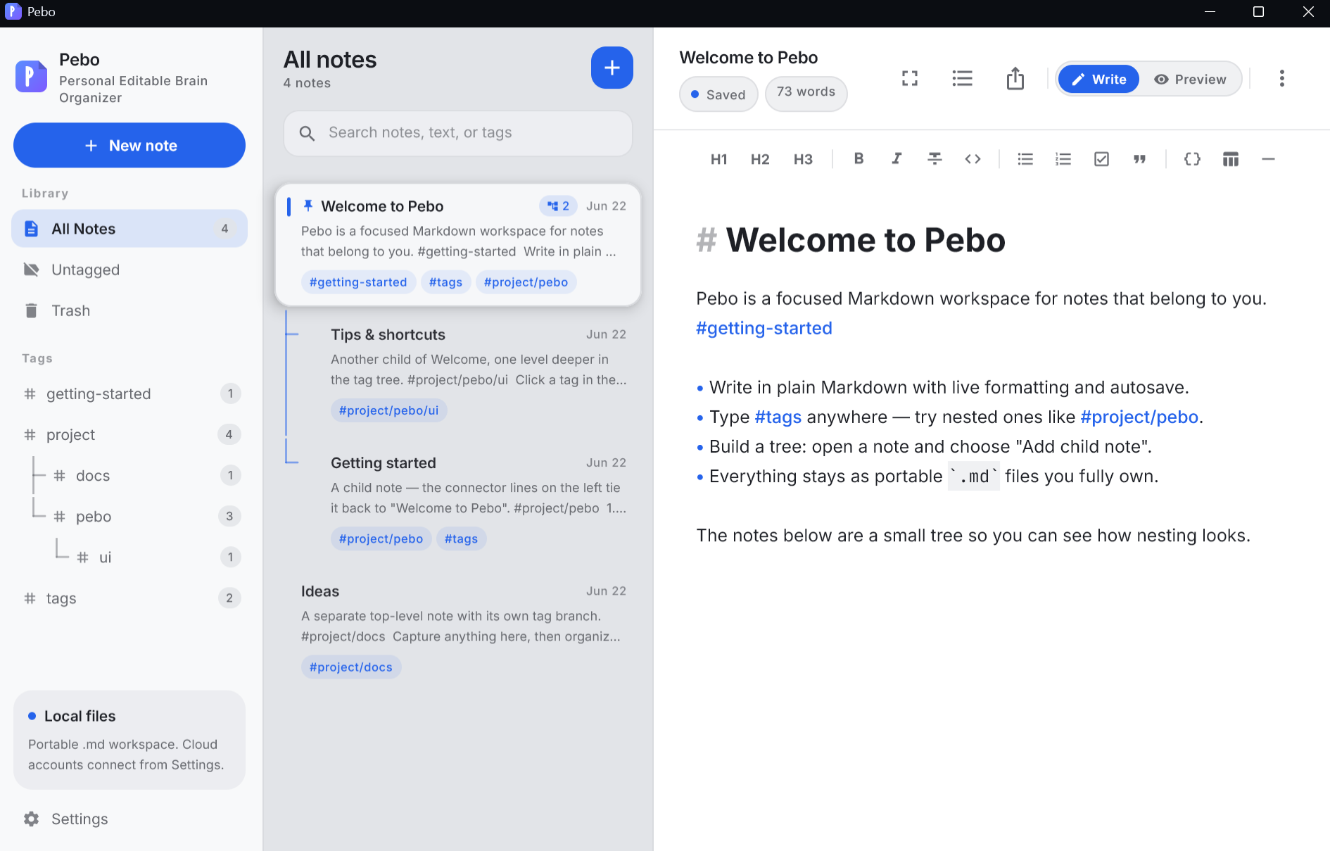 Pebo's three‑pane workspace in light theme: sidebar with a nested tag tree, the note list, and a Markdown editor showing a note titled Welcome to Pebo.