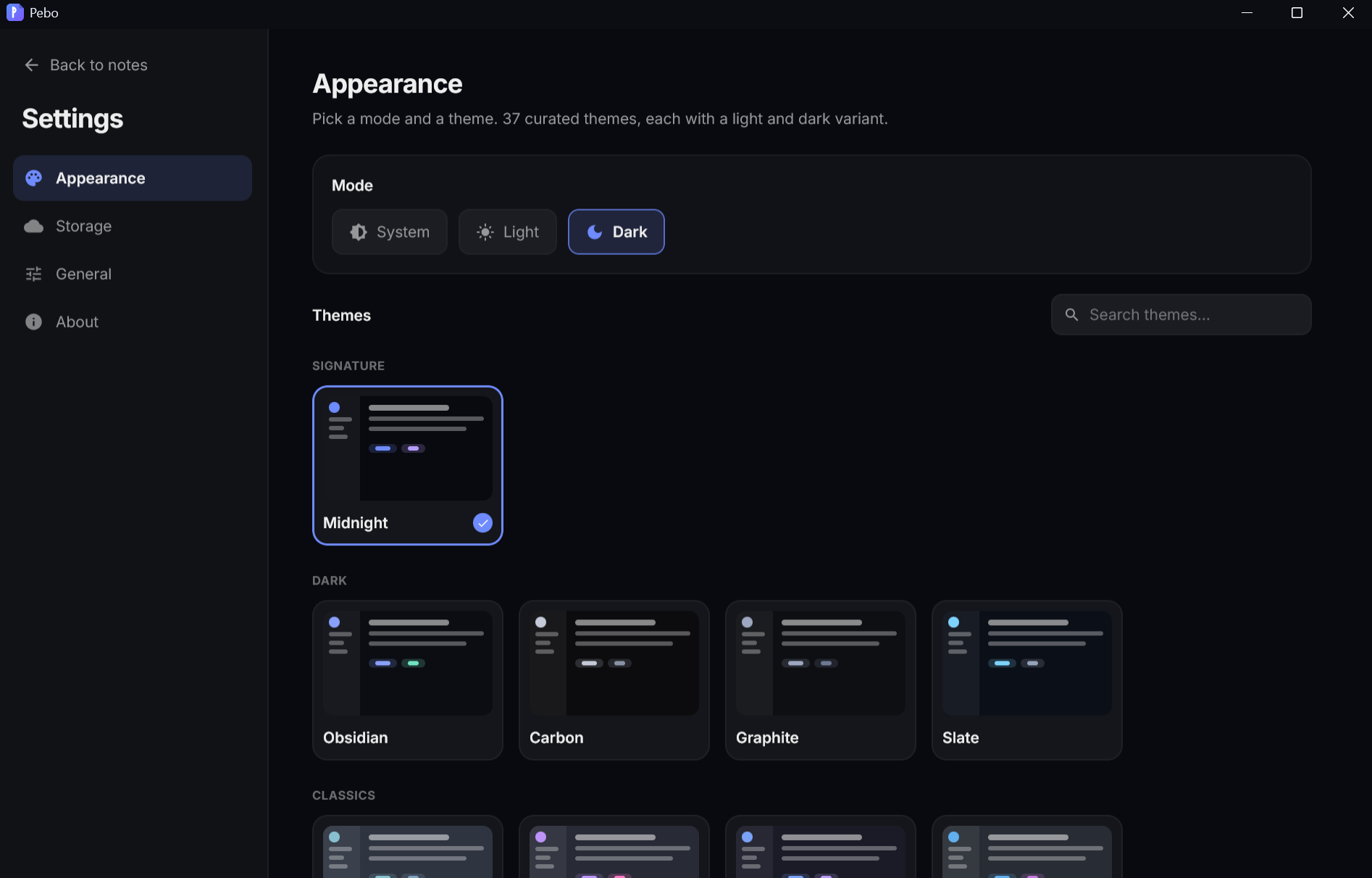 Pebo's Appearance settings: a Light/Dark/System mode switch and a grid of theme cards including Midnight, Obsidian, Carbon, Graphite, and Slate.
